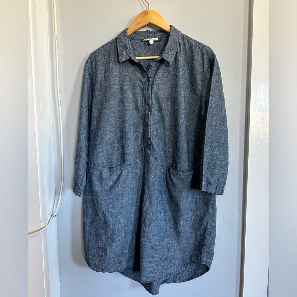 Eileen Fisher Chambray 3/4 Sleeve Tunic Mini Dress, Size M, Blue